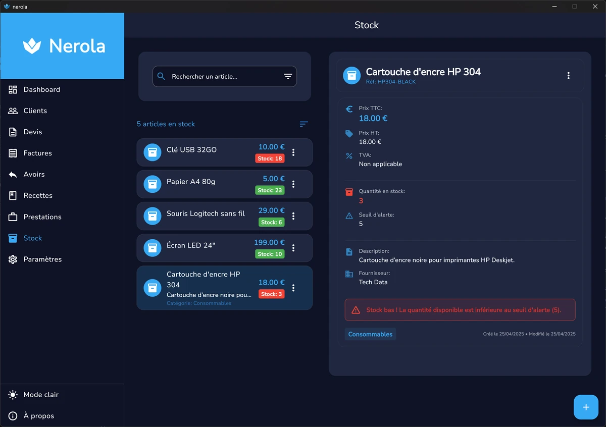 Interface de gestion de stock Nerola avec alertes