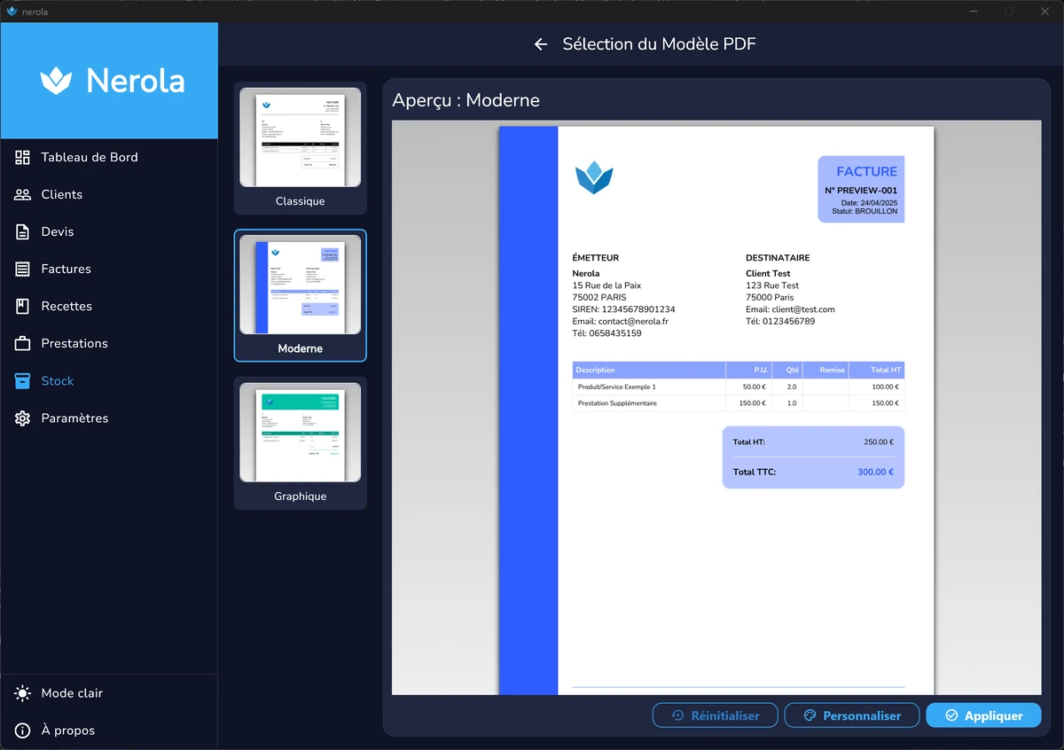 Exemple de modèle de facture professionnelle créé avec Nerola